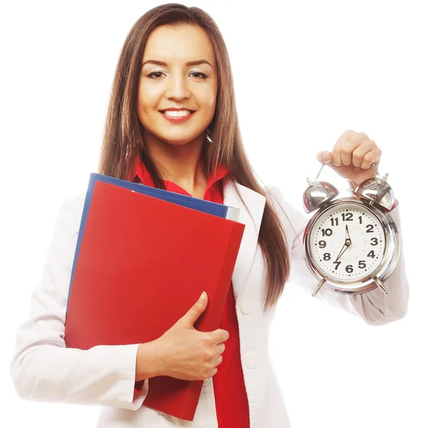 The business woman with an alarm clock — Stock Photo, Image