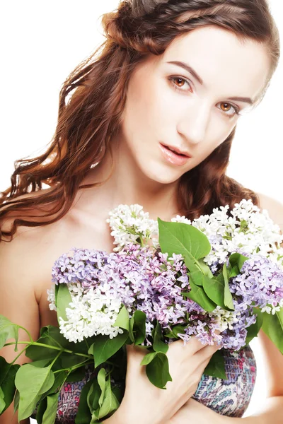 Spring girl with  lilac flowers. — Stock Photo, Image