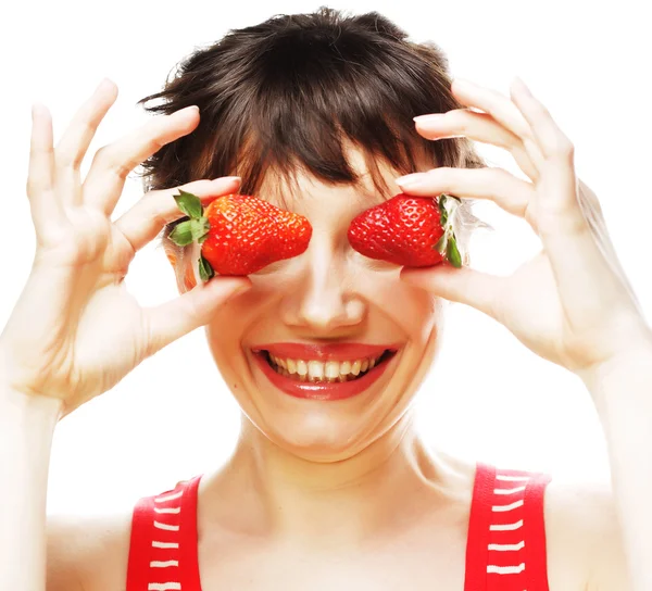 Femme avec fraise sur le fond blanc — Photo