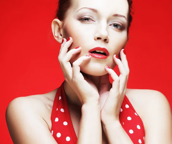 Young woman with bright red lips — Stock Photo, Image