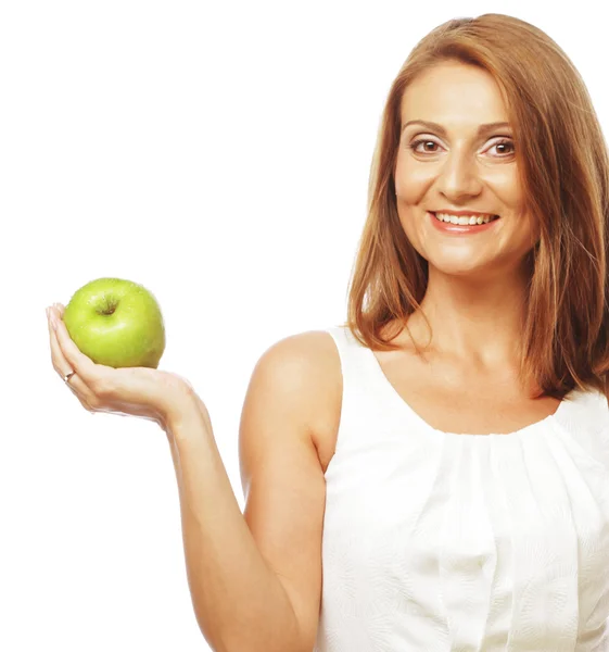 Happy woman with green apple — Stock Photo, Image