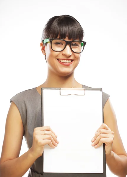 Woman with glasses holding clipboard Royalty Free Stock Photos