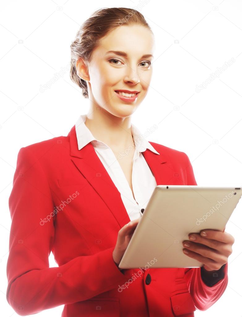 Business woman uses a mobile tablet computer