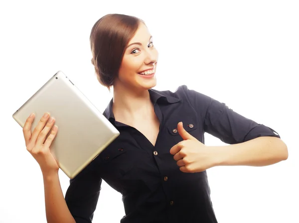 Smiling business woman with tablet thumb up show. — Stock Photo, Image