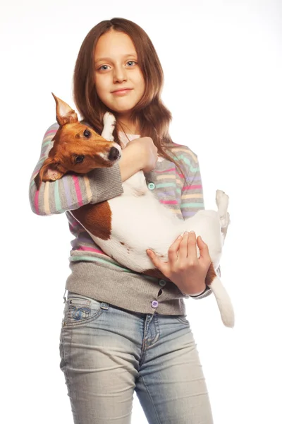 Meisje met jack russell Terriër — Stockfoto