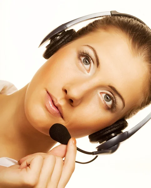 Mujer del centro de llamadas con auriculares . — Foto de Stock