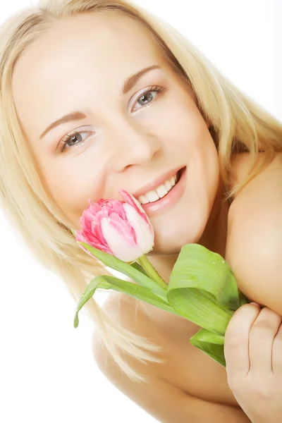 Menina loira com tulipa — Fotografia de Stock