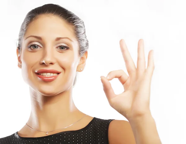 Happy smiling business woman with okay gesture — Stock Photo, Image