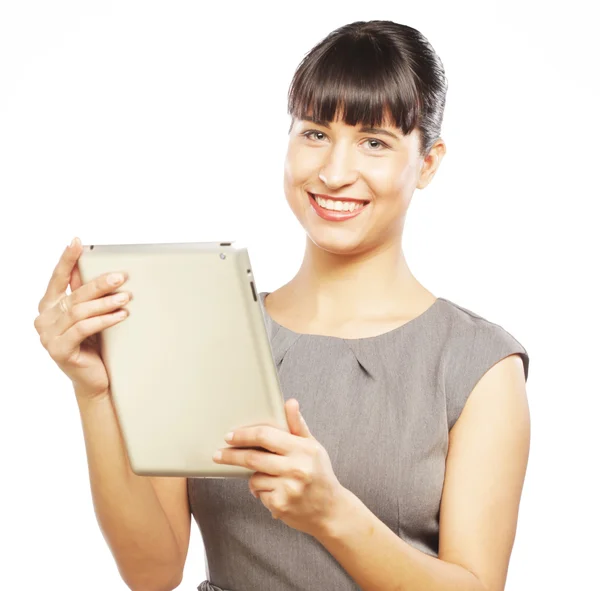 Business woman uses a mobile tablet computer — Stock Photo, Image