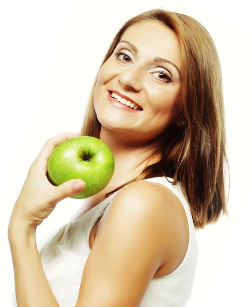 緑のリンゴを持つ幸せな女性 — ストック写真