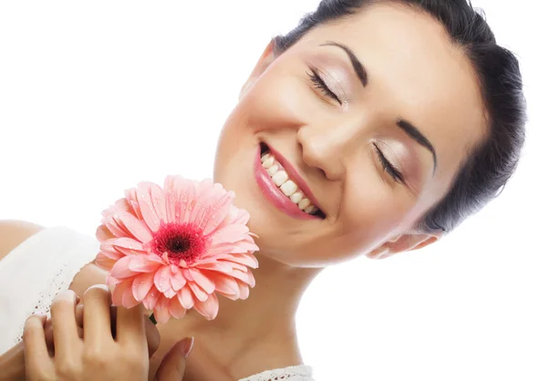 Beautiful young woman with gerber flower — Stock Photo, Image