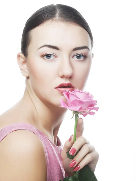 Woman with pink rose — Stock Photo, Image