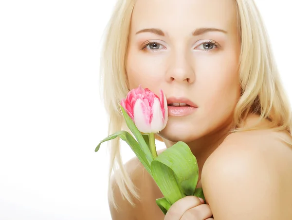 Blonde fille avec tulipe — Photo
