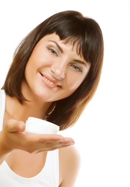 Portrait of beautiful woman with cream — Stock Photo, Image