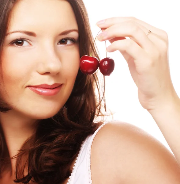 Frau mit Kirschen — Stockfoto