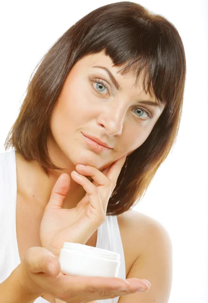 Portrait of beautiful woman with cream — Stock Photo, Image