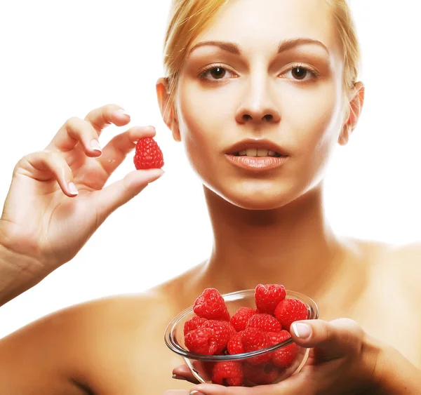 Blond woman with raspberries — Stock Photo, Image