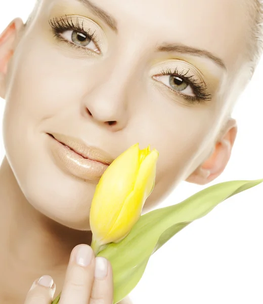 Happy Woman  with tulips — Stock Photo, Image