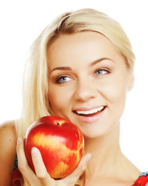 Bir elma ahainst beyaz arka plan ile kadın — Stok fotoğraf