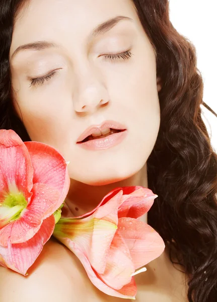 Woman and pink orchid — Stock Photo, Image