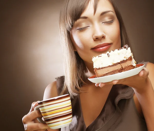 Mujer con café y postre — Foto de Stock