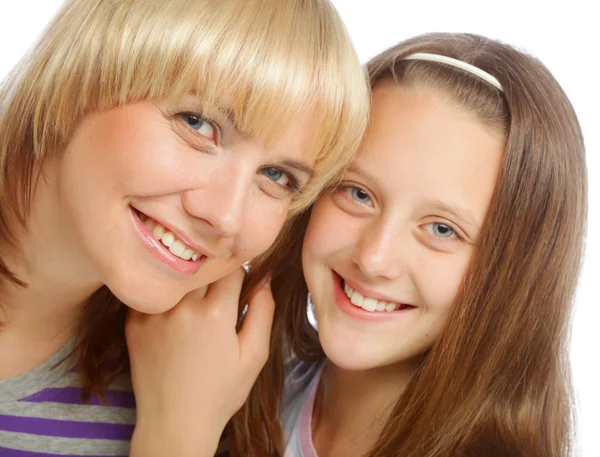 Little girl with her happy mom isolated on white — Stock Photo, Image