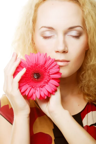 Woman with pink gerber — Stock Photo, Image