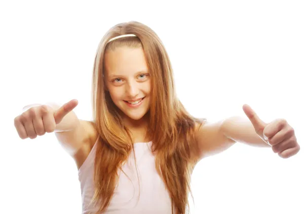 Girl showing thumbs up isolated one white — Stock Photo, Image