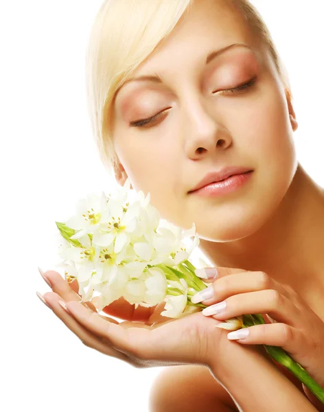 Fresh face with gladiolus flowers in her hands — Stock Photo, Image