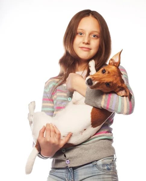 Meisje met jack russell Terriër — Stockfoto