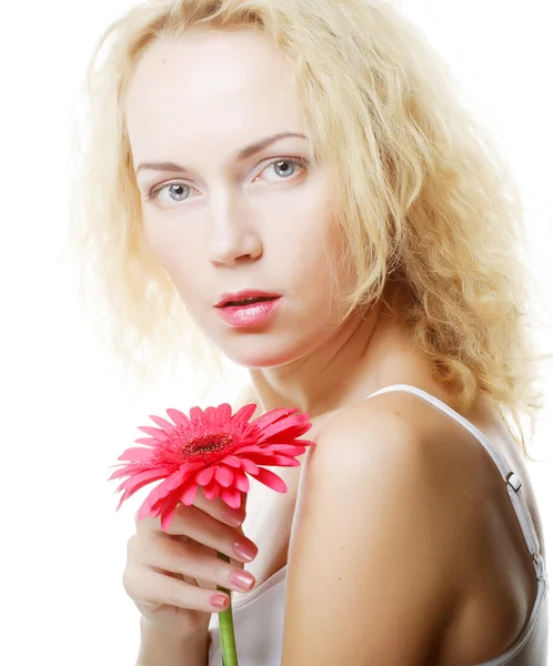 Woman with pink gerber — Stock Photo, Image