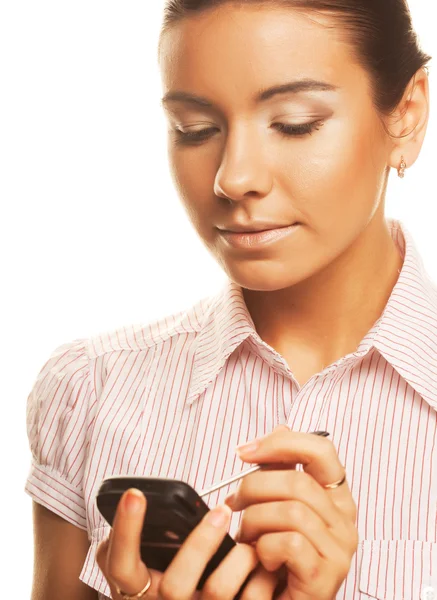 Woman makes notes on her PDA — Stock Photo, Image