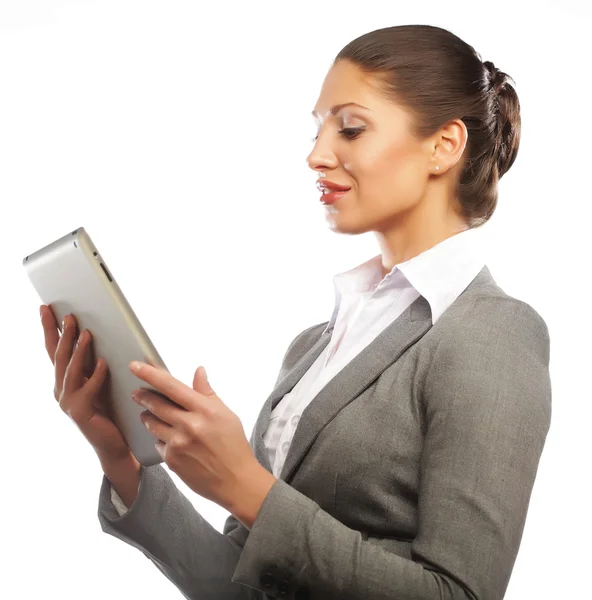 Business woman uses a mobile tablet computer — Stock Photo, Image