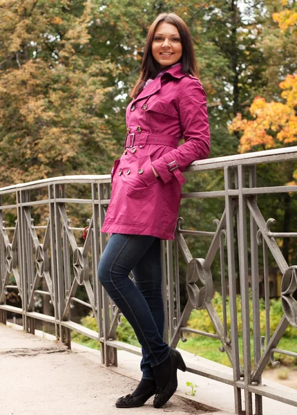 Mujer en puente en el parque de otoño —  Fotos de Stock