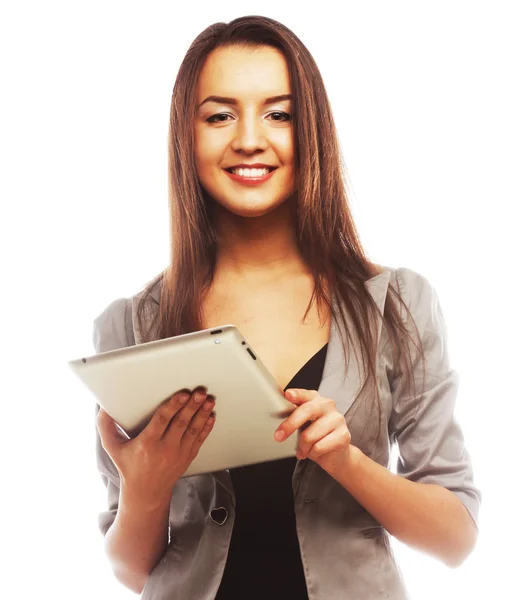 Mulher de negócios segurando um computador tablet — Fotografia de Stock