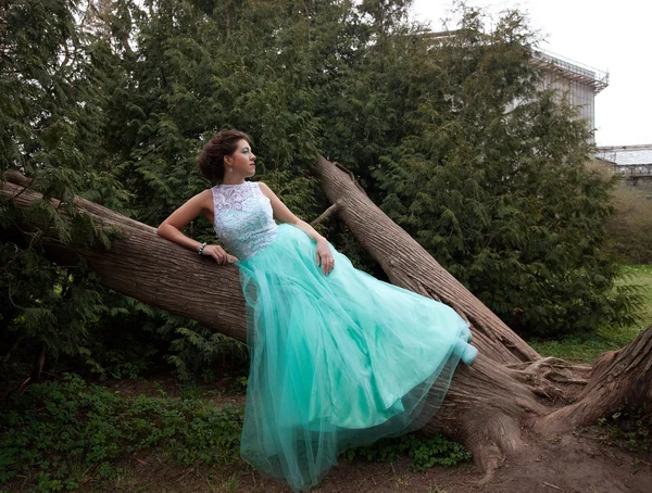 Mulher em vestido de elegância posando no jardim . — Fotografia de Stock