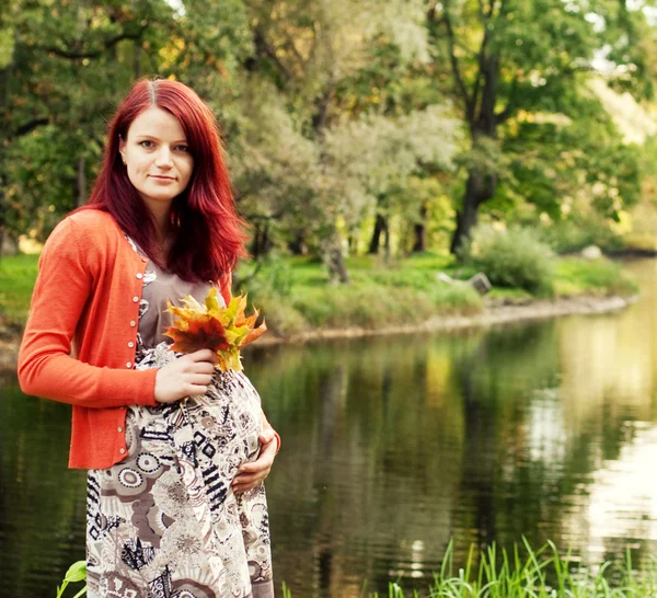 Piękna kobieta w ciąży spaceru w parku jesień — Zdjęcie stockowe