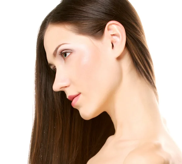 Retrato com belo cabelo longo marrom brilhante — Fotografia de Stock
