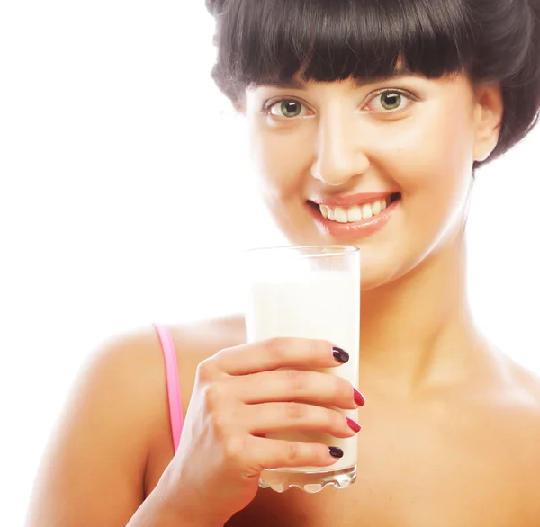 Kvinna med äpple och mjölk — Stockfoto