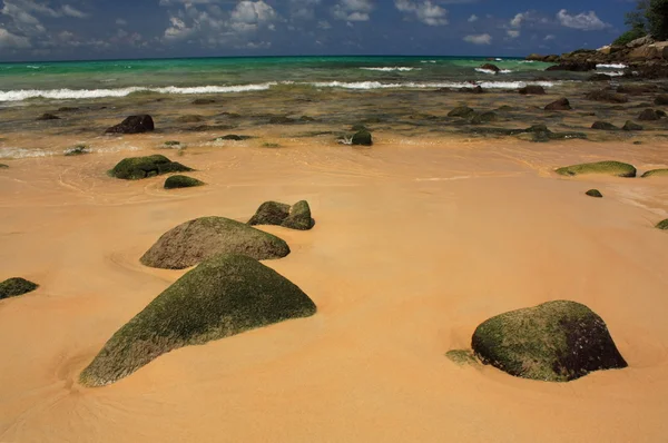 Pierres sur plage exotique, tropicale, sablonneuse — Photo