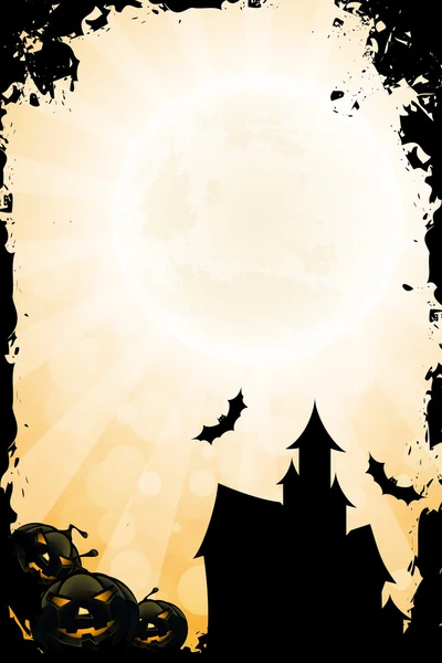 Grungy halloween achtergrond met pompoen en spookhuis — Stockvector
