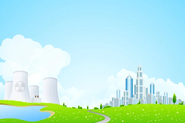 Paysage vert avec lac City et centrale nucléaire — Image vectorielle