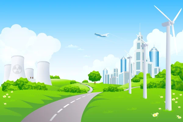 Paisaje verde con molinos de viento urbanos y central nuclear — Vector de stock