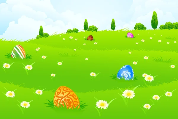 Зеленый пейзаж фон с пасхальными яйцами — стоковый вектор