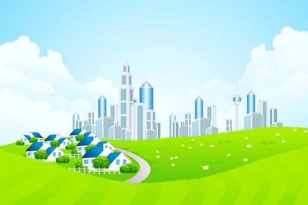 Paysage vert avec ligne de ville et village de chalet — Image vectorielle