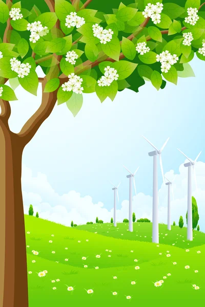 Groen landschap met wind power plant — Stockvector