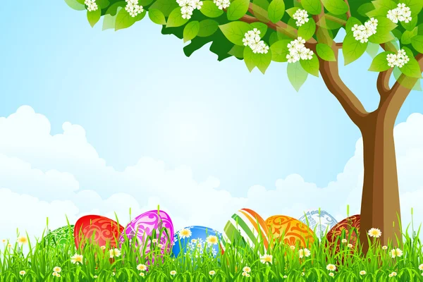 Groene boom achtergrond met Pasen eieren — Stockvector