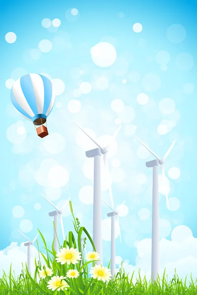 风电厂和热空气气球与抽象背景 — 图库矢量图片