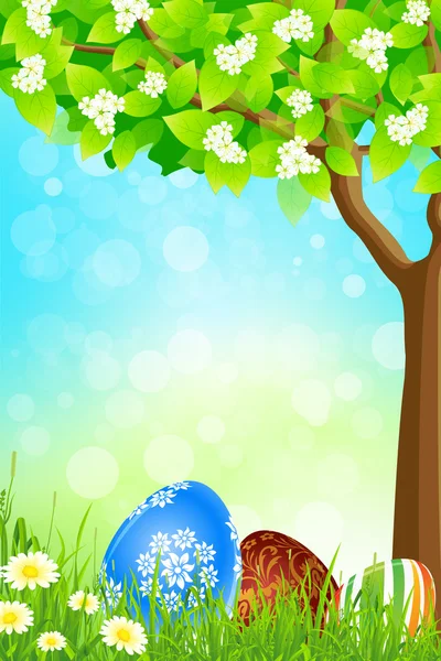 Green Tree Background with Easter Eggs — Stock Vector