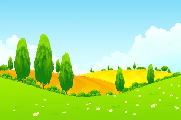 Landscape with Green Trees and Fields — Stock Vector